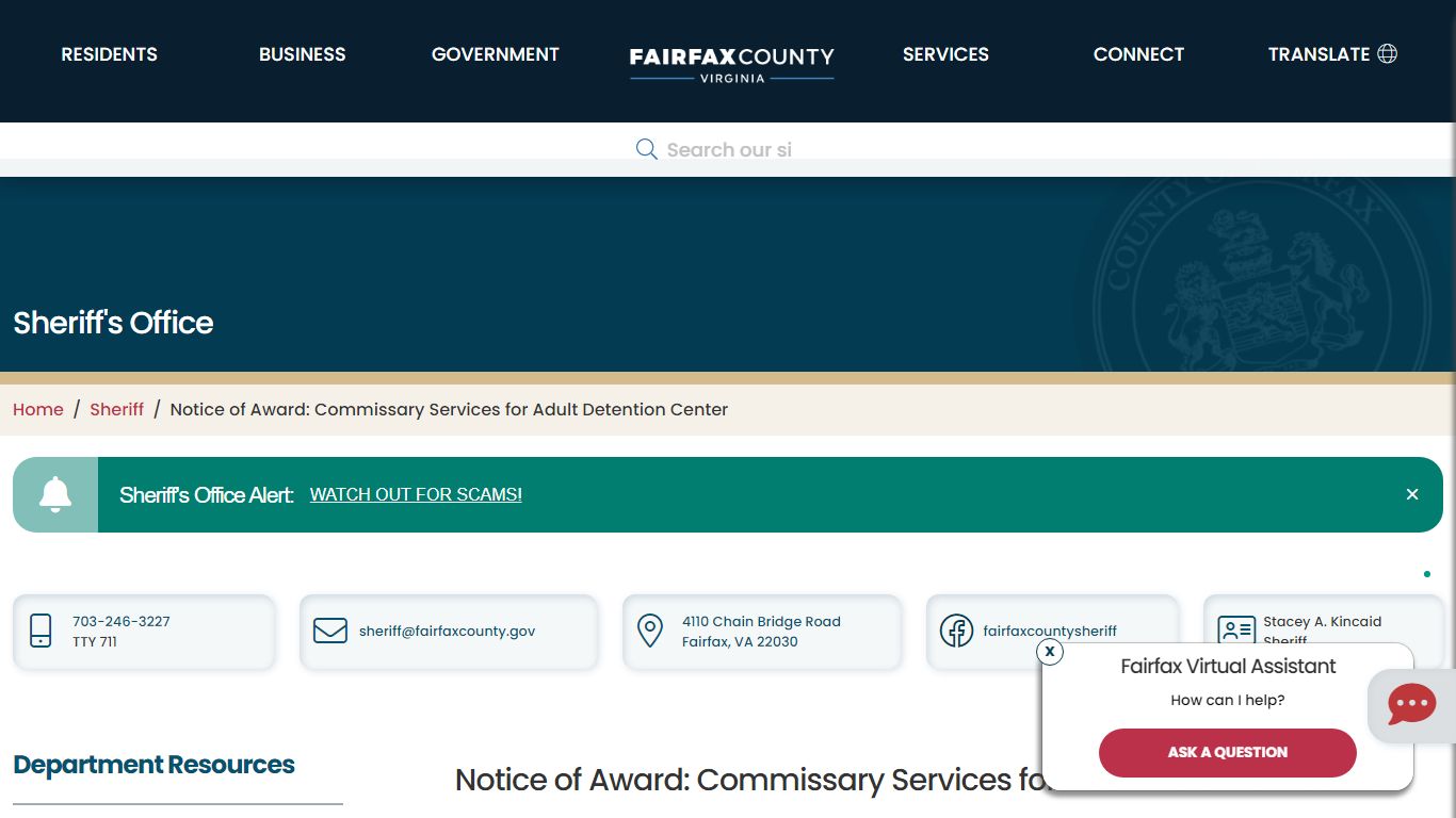 Notice of Award: Commissary Services for Adult Detention Center